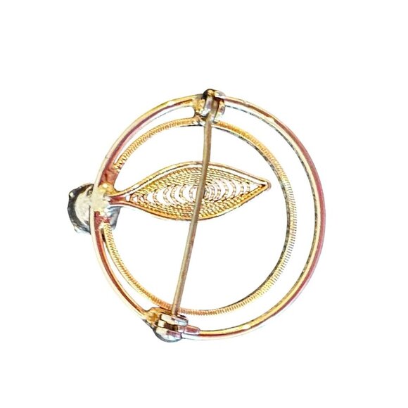 Vintage Gold Double Circle Brooch Leaf Filigree Design Amber Rhinestone 1.25in - Picture 7 of 14